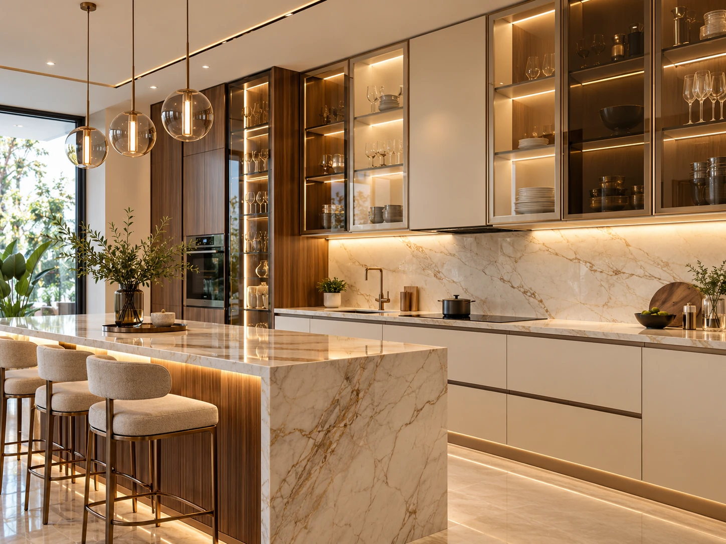 Premium residential kitchen featuring warm aluminium framed glass shutters